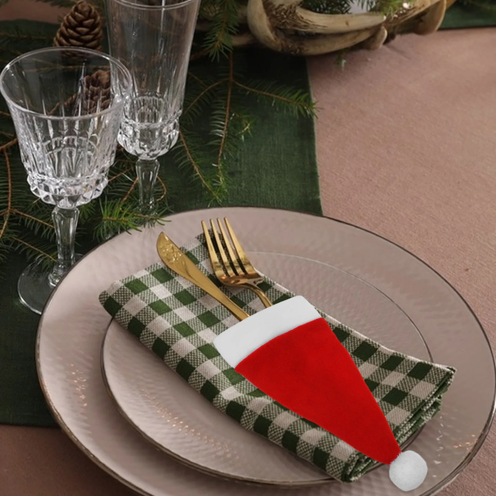 

24Pcs Mini Red Christmas Hats Soft Lightweight Fabric for Wine Bottle Covers Cutlery Caddies Silverware Holders Lollipop Caps