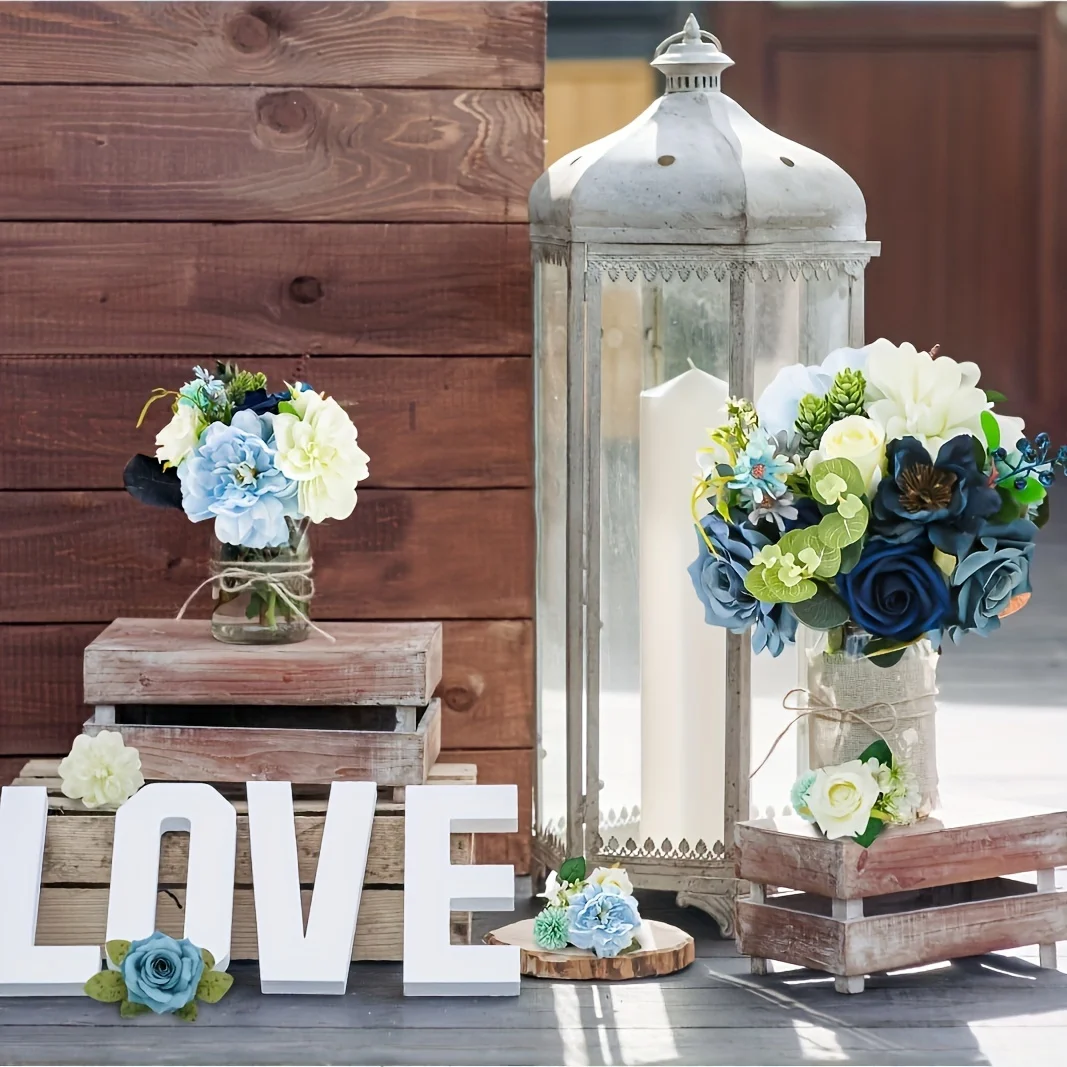 Blue rose artificial flower combination box set, bride bouquet, outdoor/indoor DIY center piece, flowers for decoration