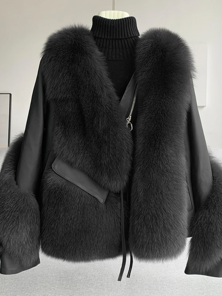 2025 femmes réel manteau de fourrure veste d'hiver naturel fourrure de renard en cuir véritable vêtements d'extérieur Streetwear Locomotive épais chaud nouveau