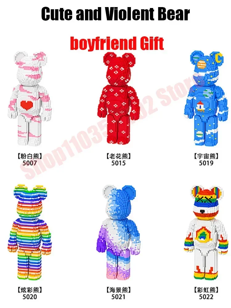 DIY Kids Toys Cartoon Mini Love Violent Bear Bearbrick Model with Light Building Block Micro Bricks Christmas Birthday Gift