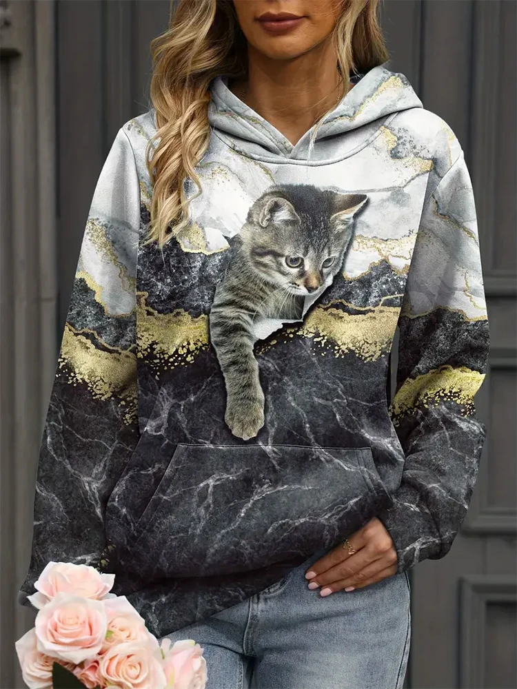 Modne Nowe Śmieszne Bluzy z Kapturem z Nadrukiem Kota 3D Damskie Codzienne Bluzy Oversize Pulower Y2K Bluzy z Kapturem Top Damska Odzież Płaszcz