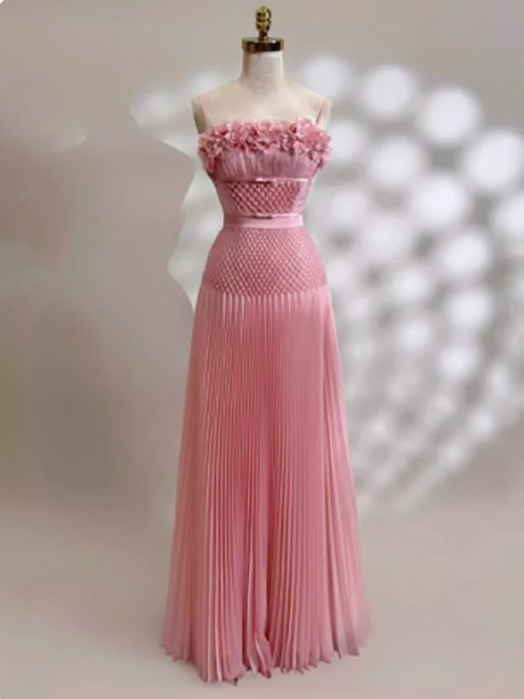 DEAT Fashion Women\'s Evening Dress Three-dimensional Flower Pleated Floor-length Spaghetti Strap Dresses Spring 2024 New Tide