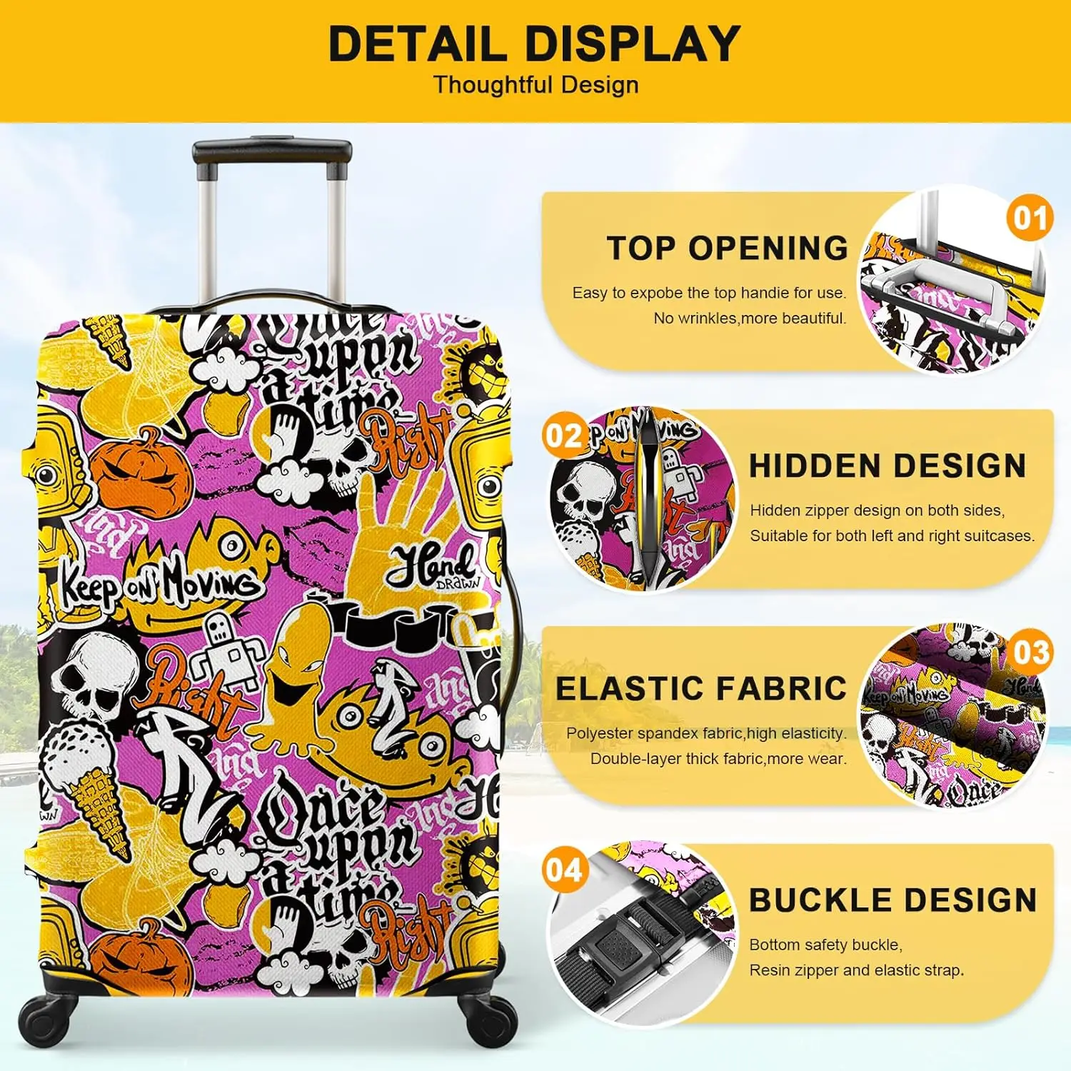 Graffiti Skull Ice Cream Suitcase Protective Cover Customized Luggage Cover Suitable for Travel Anti-scratch and Dust