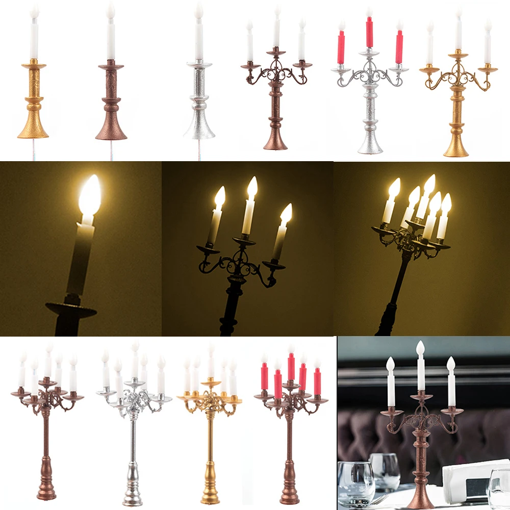 5/10Pcs 1:87 Scale Dollhouse Miniature Candlesticks Furniture Toys Electric Light Lamp Candle Holder Doll House Mini Candelabra