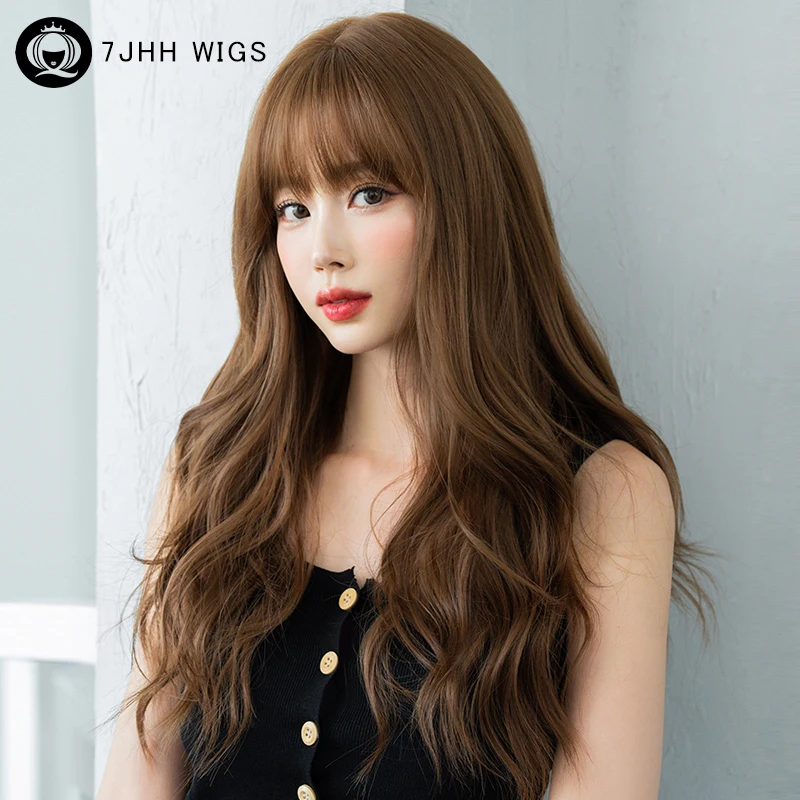 7JHH WIGS Synthetic Honey Blonde Wig for Women Daily Use High Density Long Body Wavy Brown Wigs with Bangs Beginner Friendly