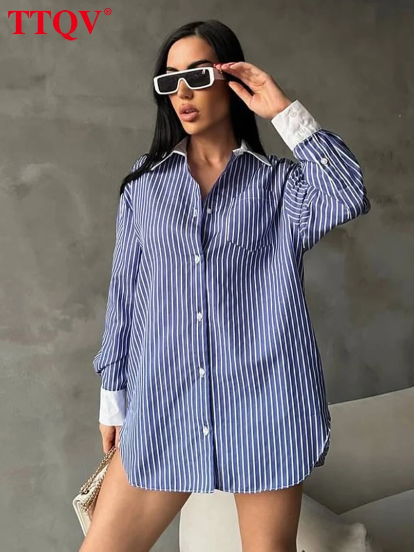

TTQV Fashion Loose Blue Stripe Womens Shirt 2026 Spring Lapel Long Sleeve Blouse Elegant Classic Patchwork Top Female Clothing