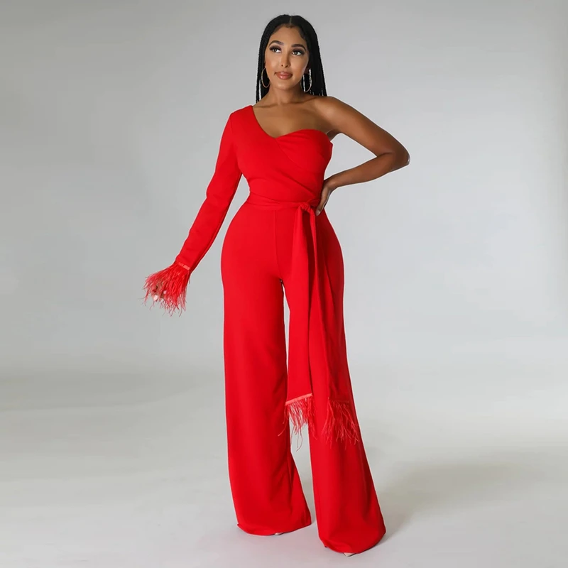 Sang Trọng Tối 1 Vai Jumpsuit Nữ Sang Trọng Cưới Một Bộ Lông Vũ Dài Tay Liền Quần Gợi Cảm Romper Áo Liền Quần Đảng Câu Lạc Bộ Trang Phục