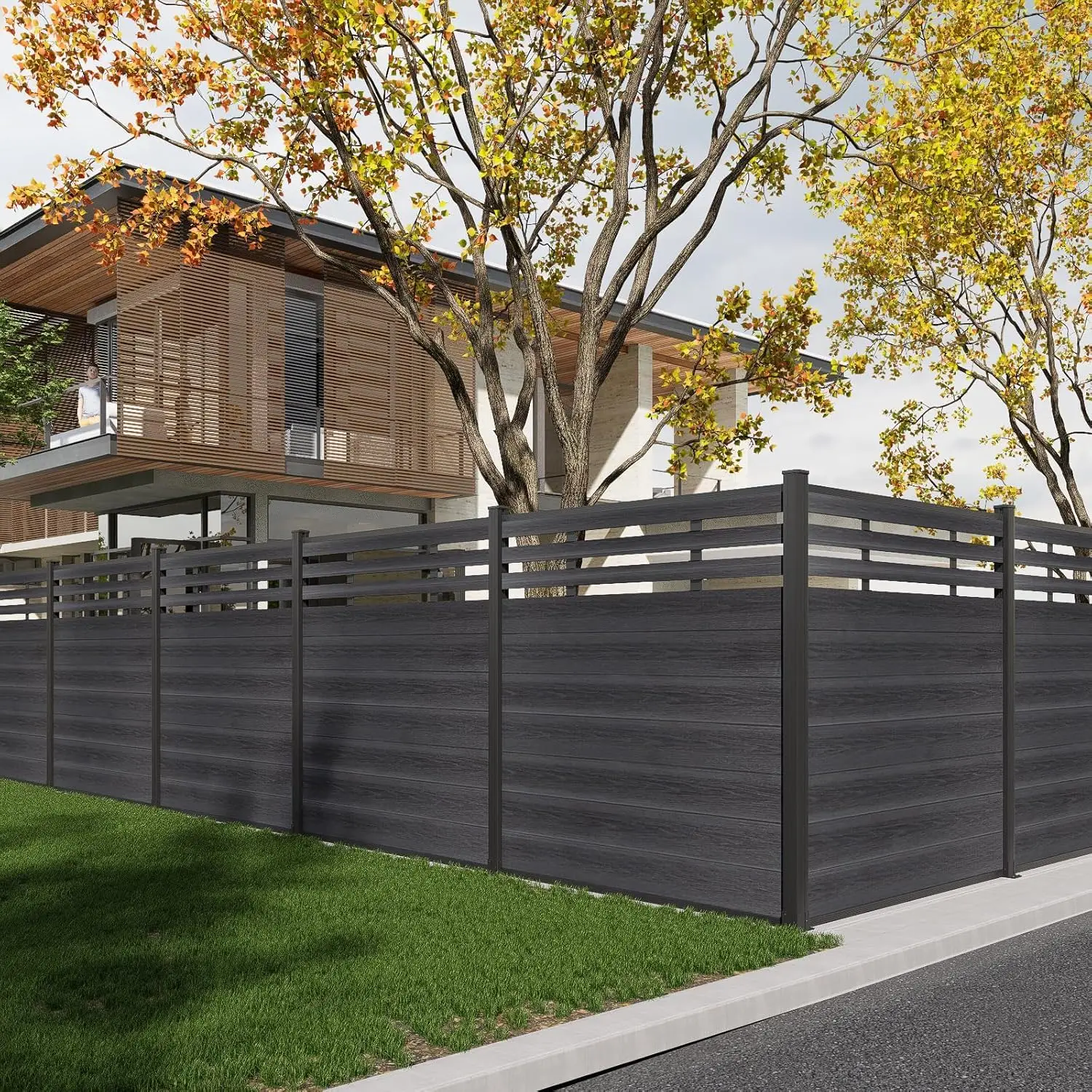 Semi-Closed Privacy Fence Panels with 2 Posts for Outside, 6ft(W) x 6ft(H), Wind Resistant Wood Plastic Composite, Customized