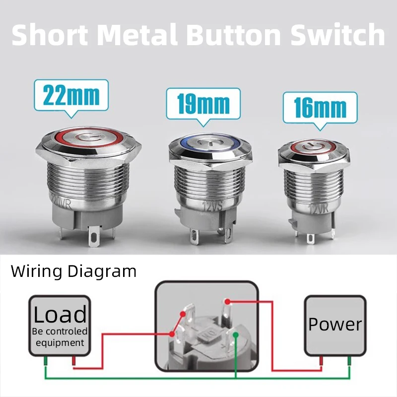 مفتاح زر معدني قصير من النوع 16/19/22 مم قفل ذاتي/إعادة ضبط مع ضوء LED مقاوم للماء بدء اتصال فضي