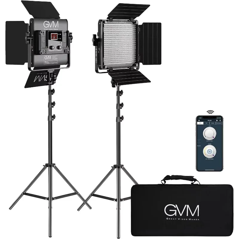 GVM 480LS 2 Pieces LED Video Lighting Kits with APP Control Bi-Color Variable 2300K~6800K  Digital Display Photography