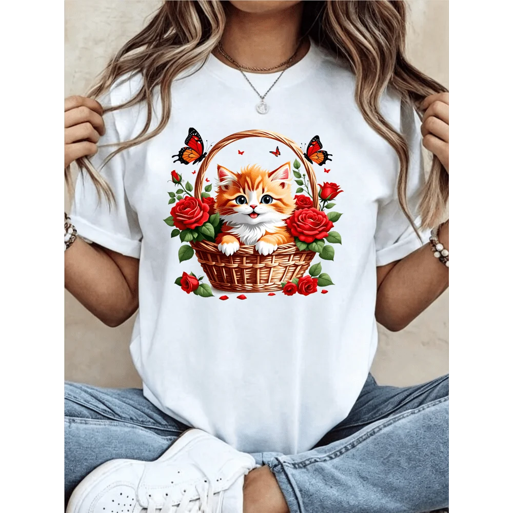 Women Plus Size Orange Cat In Basket Roses Butterflies Cute Graphic T Shirt Crewneck Short Sleeve Daily Outdoor Casual 1 Piece Oversized Top
