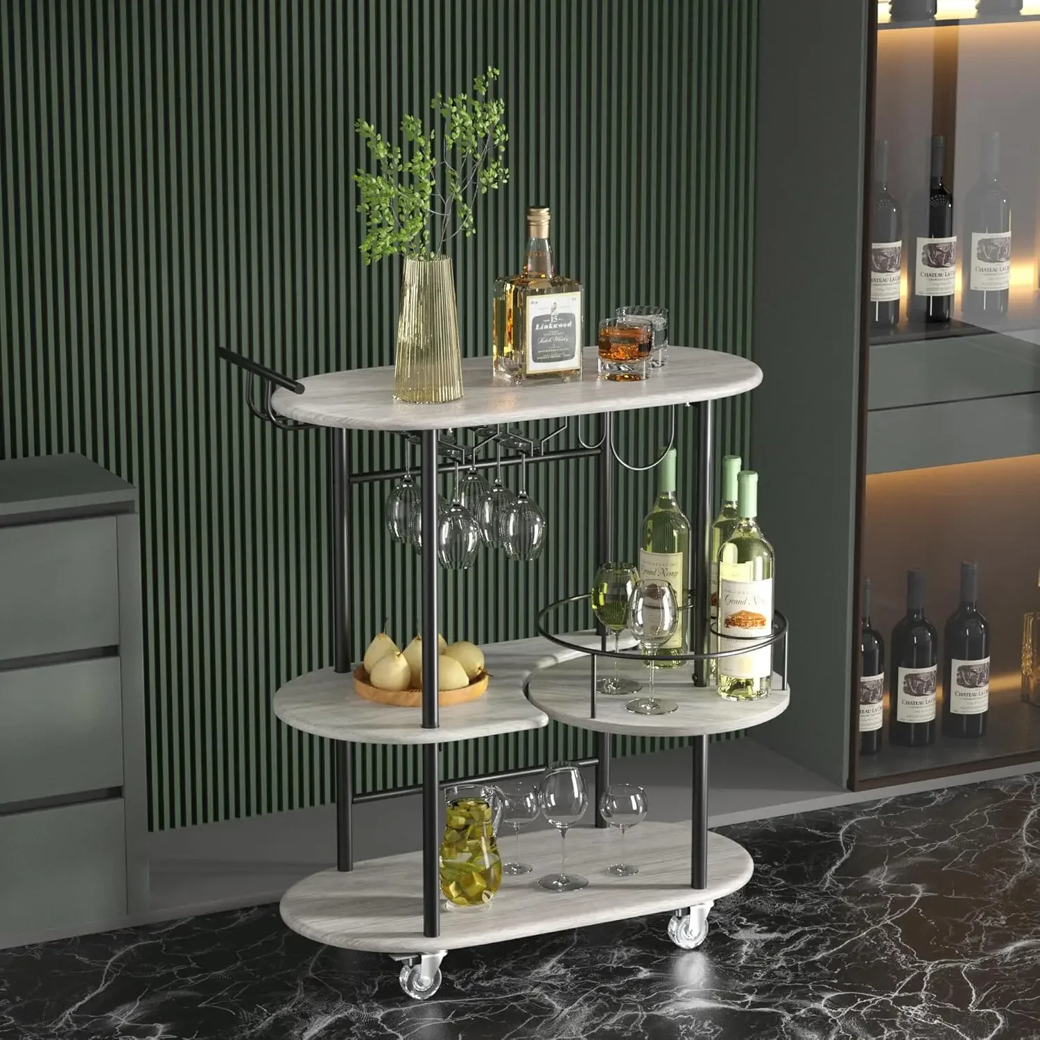 Mobile Bar Serving Cart with Wine Rack and Glass Holder