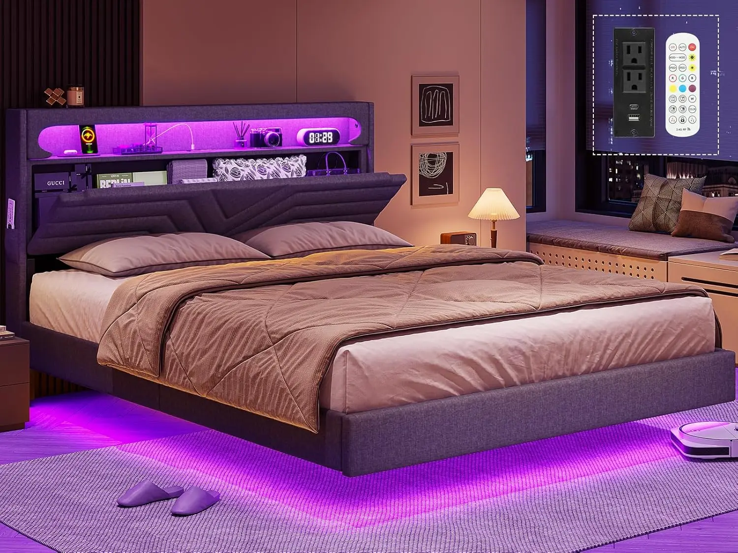 Marco de cama flotante grande con cabecero de luz LED RGB, combinación de potencia de USB-C/A, cama de plataforma acolchada de lino