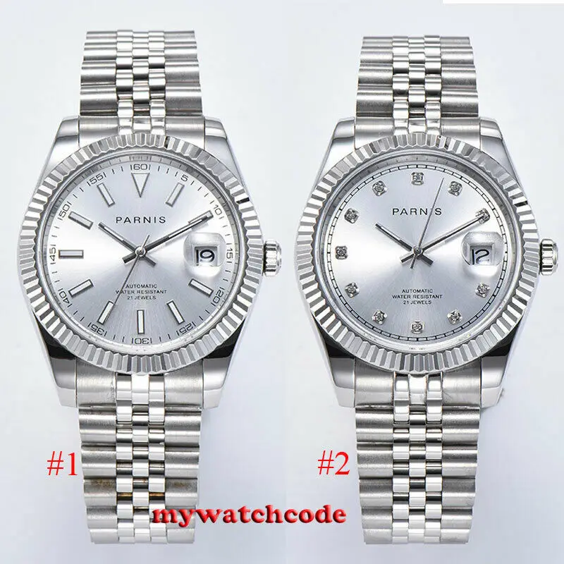 

39.5mm PARNIS Date Day Fluted Curved Bezel Automatic Watch Men MIYOTA 8215 Movement Steel Bracelet Sapphire Crystal