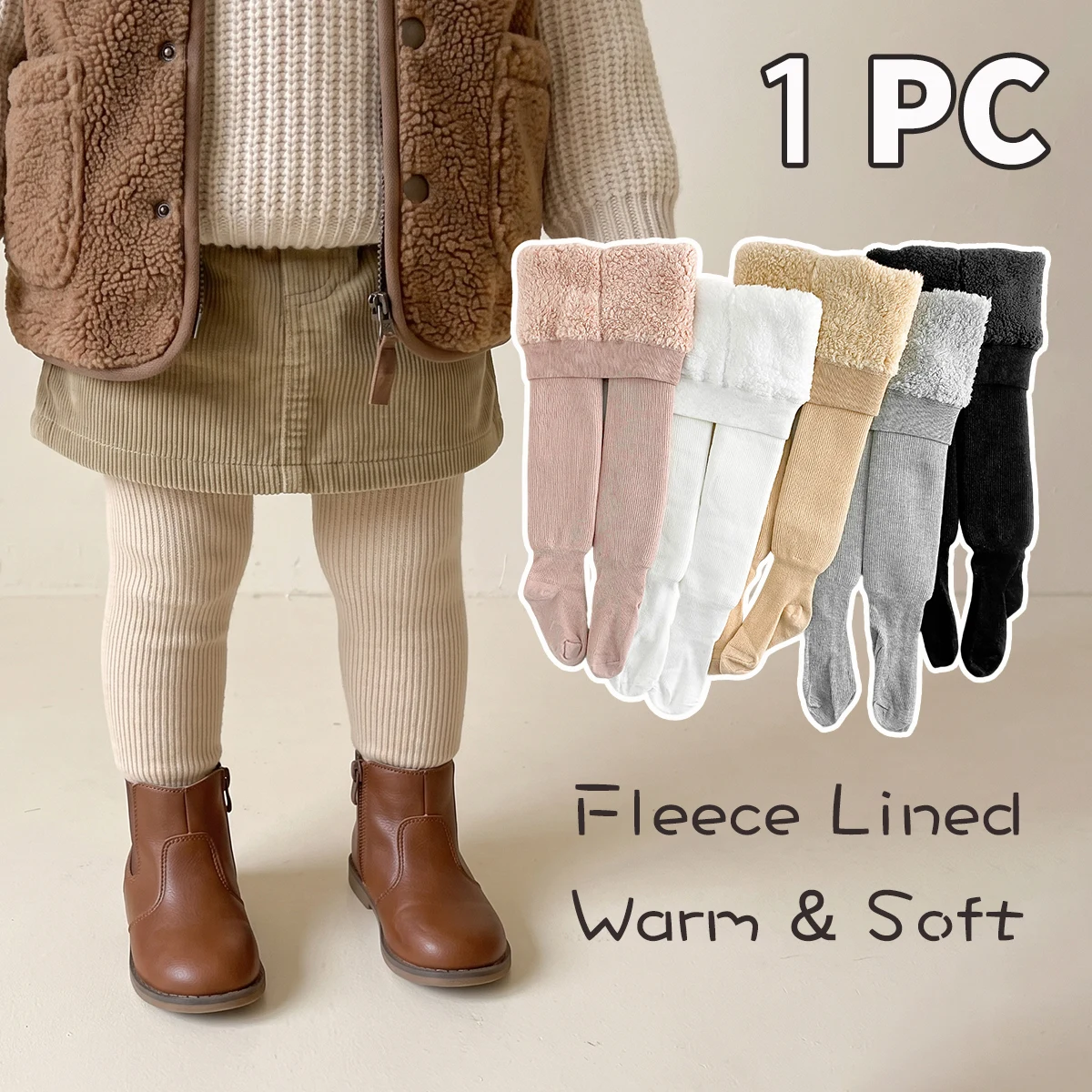 1PC Toddler Baby Girls Fleece Lined Thermal Tights, Solid Color Ribbed Knit Warm Pantyhose for Fall Winter