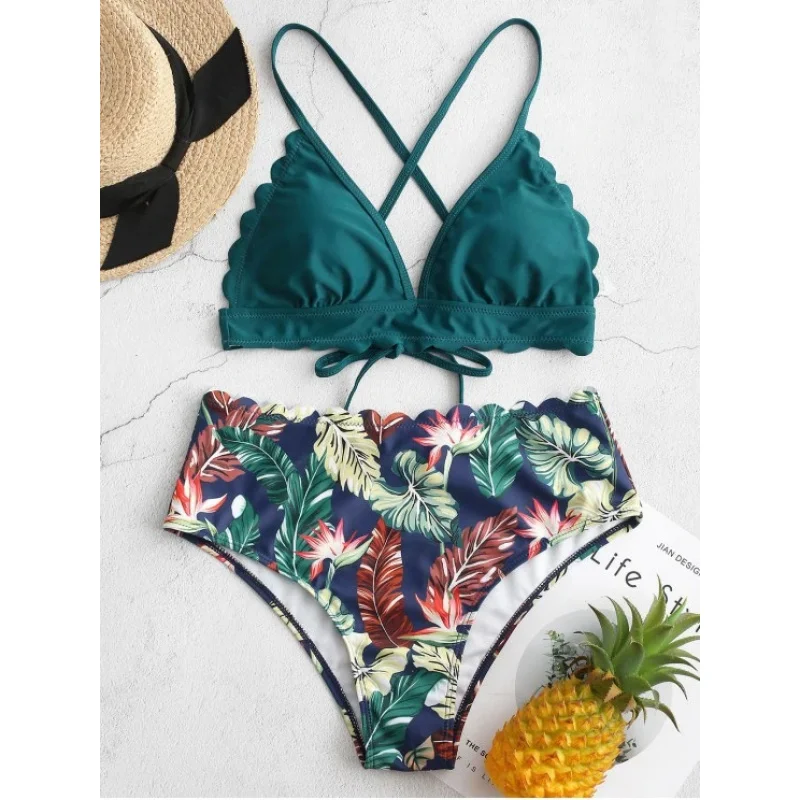 

Women's two-piece printed bikini swimsuit with cut-out details, summer sexy hollow-out sporty style, high elasticity