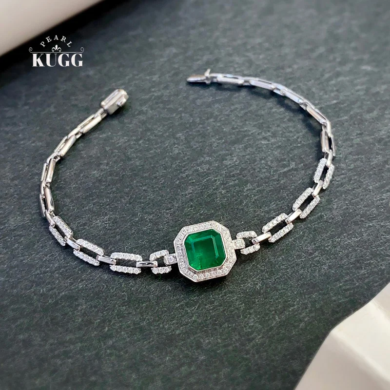 KUGG 100% 18K White Gold Bracelet Luxury Elegant Style Shiny Diamond Natural Emerald Bracelet for Women High Party Jewelry