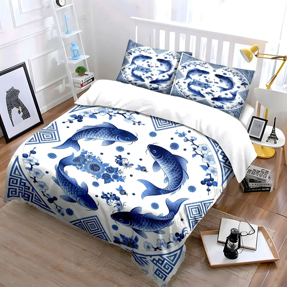 Oriental Fish Pattern Decor Set Soft Comfortable Duvet Cover Bedding Set Included 1*Duvet Cover & 2*Pillowcases, gift