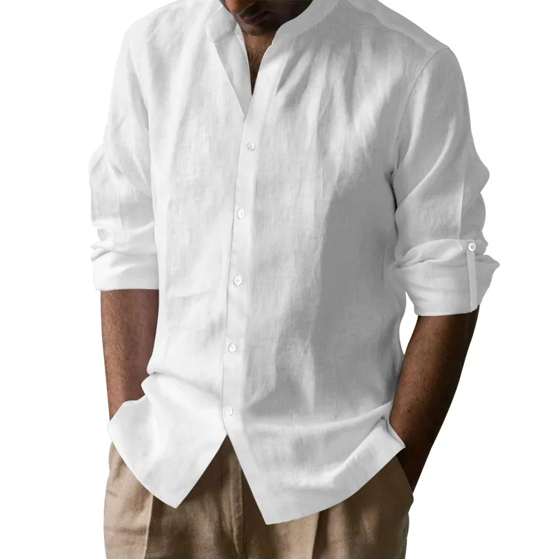قميص رجالي أمريكي من القطن والكتان بياقة واقفة قابل للتنفس كاجوال بأكمام طويلة