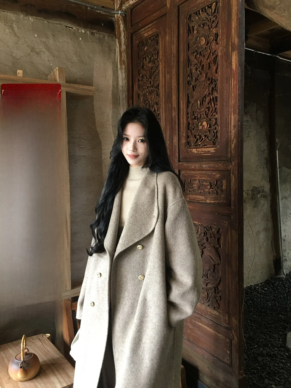 

Iceollo Double-sided Woolen Coat for Women in Brown Casual Sle Thiened Long Sve Mid-length No Hat Pure E-commerce