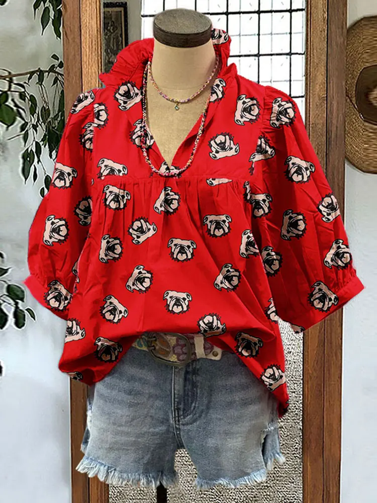 

Classic Bulldog Print Puff Sleeve Top Women Gameday Blouse