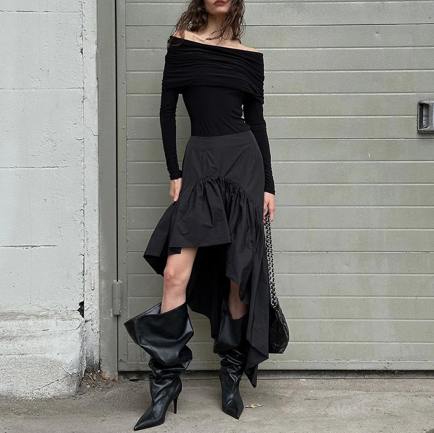 

2026 high waist exposed leg layered ruffle edge pure cotton irregular skirt for women