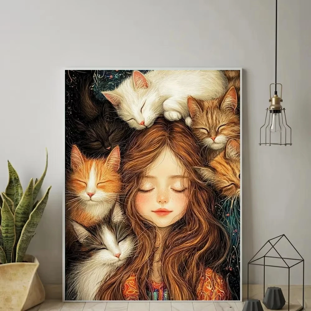 

Girl with Three Cats 500/1000/1200/2000 PCS Jigsaw Puzzles Family Activity Games for Gameroom Bedroom Home Decor Gift Frameless