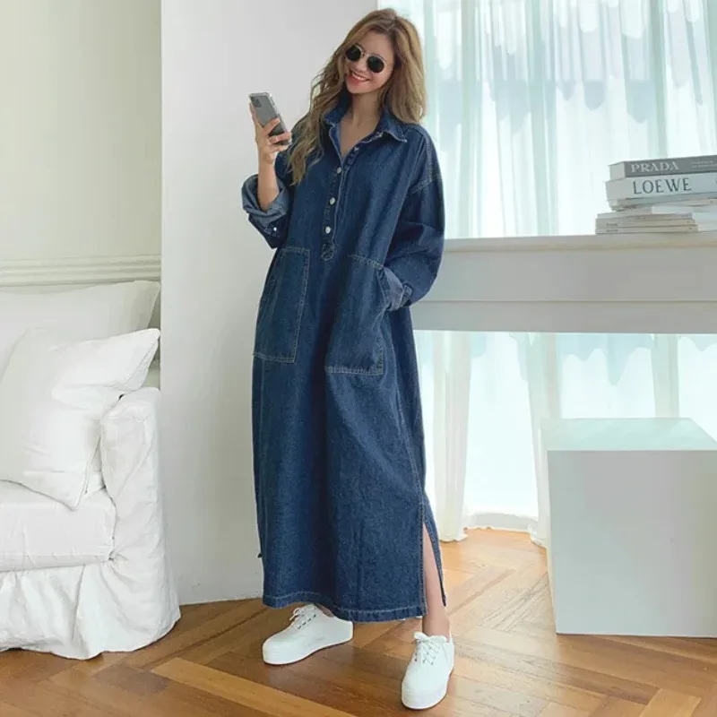 2025 Fashion Women's Autumn Long Sleeved Denim Shirt Dress Button Pocket Jeans Casual Loose Women's Street Wear Denim Robe Dress