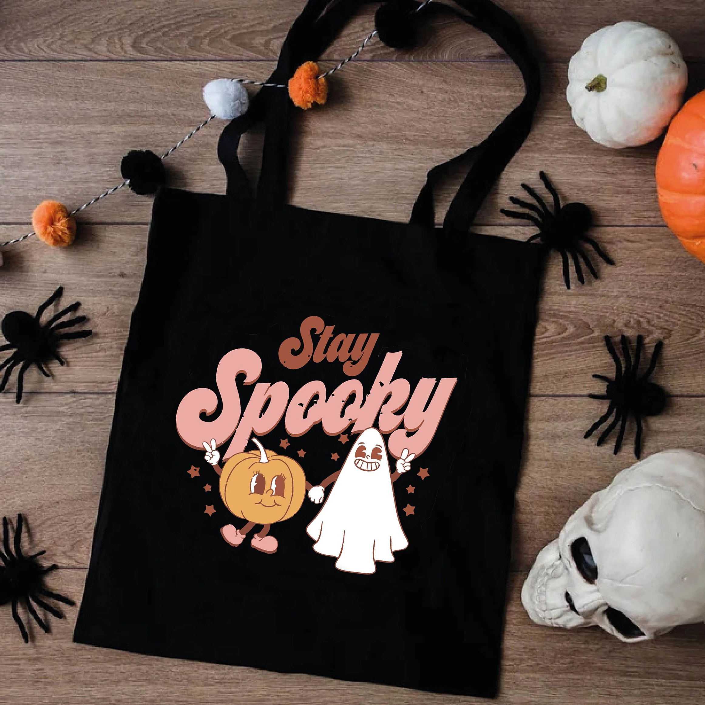 Trick or Treat Smell My Feet Pumpkin Halloween Party Canvas Tote Bag Cute Cartoon Handbag Print Large Capacity Reusable Gift Bag