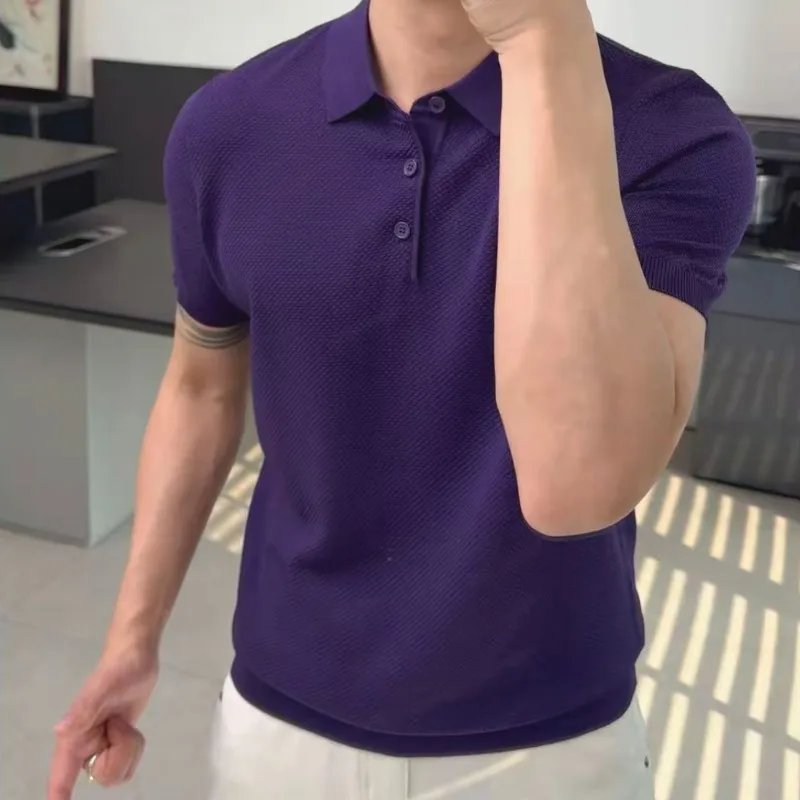Summer Solid Color Knitted Polo Shirt for Men Ice Silk Elastic Casual Business T-shirt Flip Collar Fashionable Versatile T-shirt