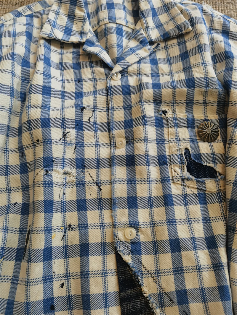

Vintage Damaged Cuban Neck Plaid Shirt Patch Ripped Washed Short Sleeve Shirt