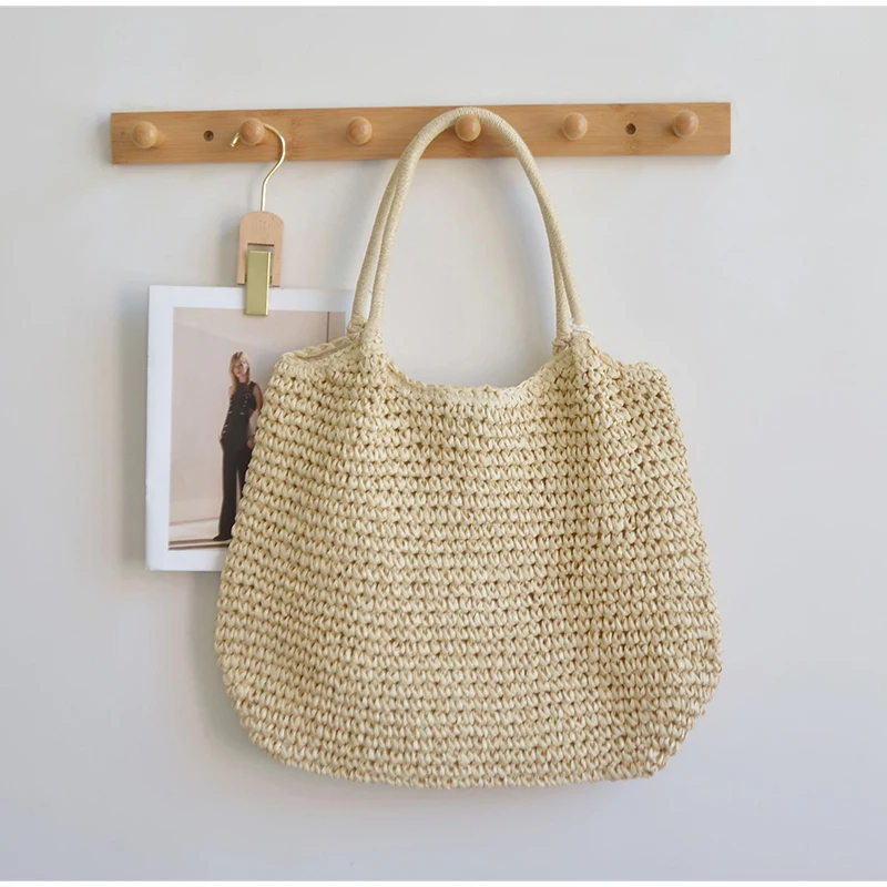 Vintage Einfarbige Gewebte Schultertasche, Minimalistische Casual Pendler-Handtasche für Frauen, Sommer Strand Handgefertigte Leichte Tasche – Detail 1