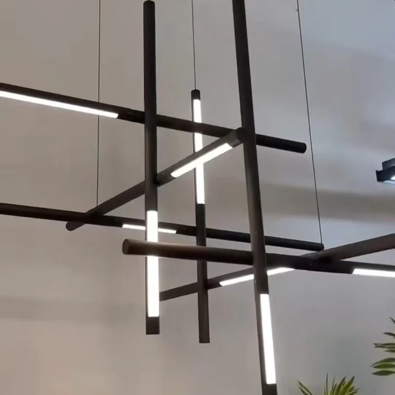 Italy Designer Tube Gold black Chandeliers  Linear LED Pendant Light  Suspended Hanging Lamp for Hotel Decoration Dinning Room