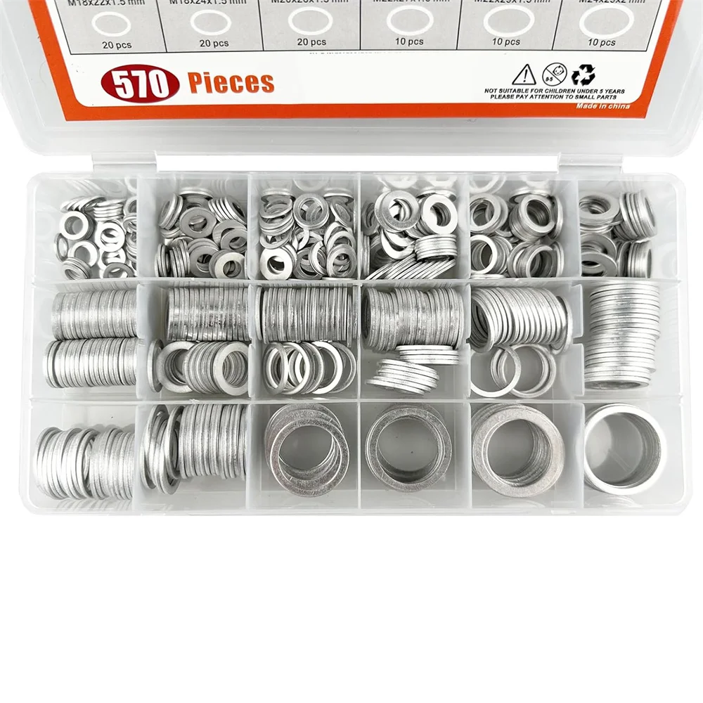570 Pieces M6 - M24 Oil Drain Plug Gaskets Assortment Kit,Oil Crush Washers, Aluminum Flat Washers Assortment Kit, (18 Sizes)