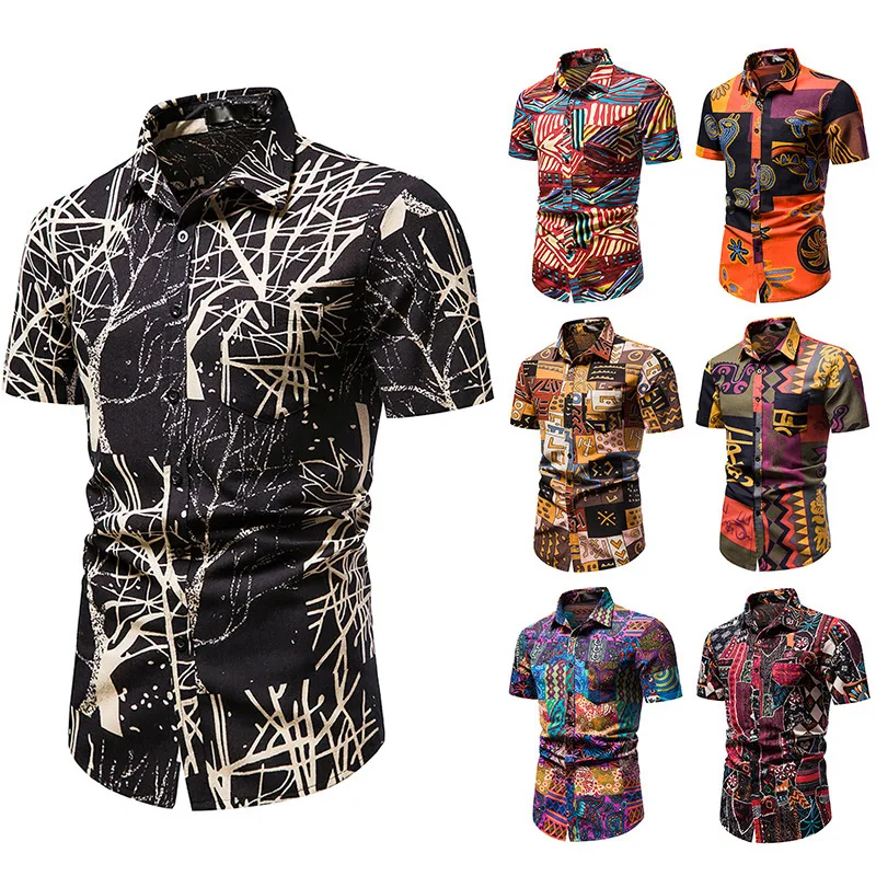 Camisas de praia de manga curta masculina casual turn-down collar