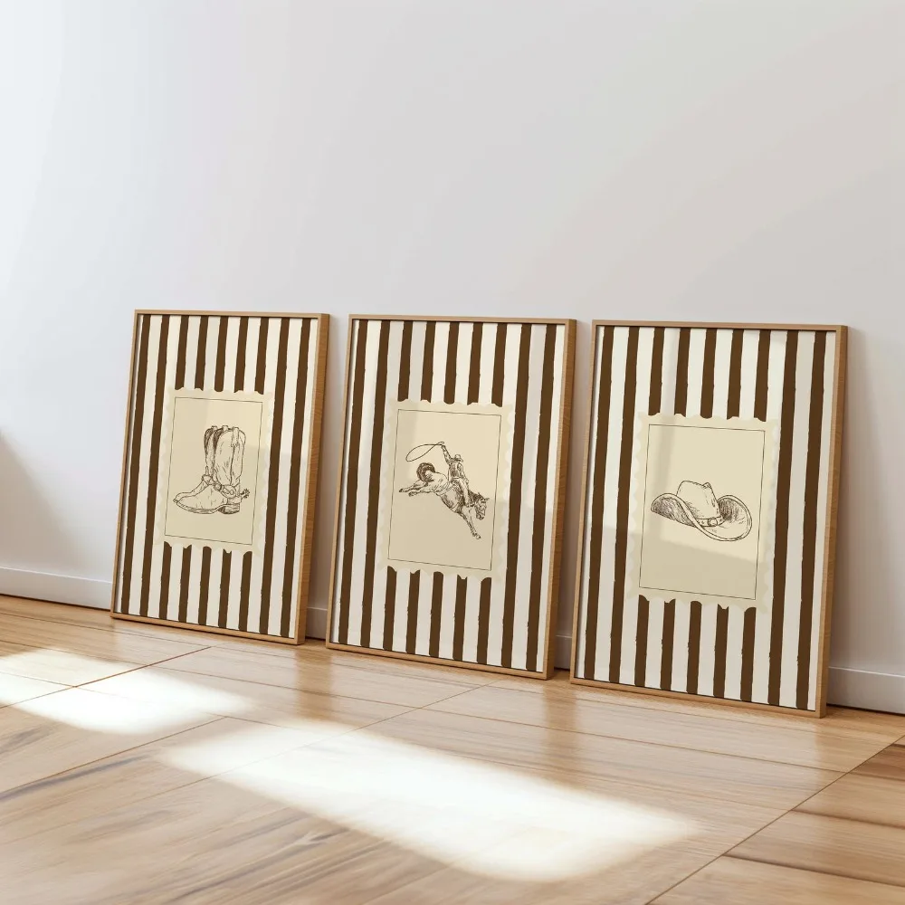 3pcs Frameless,Western Cowboy Printing Retro Cowboy Art,Retro Horse Poster Rustic Neutral Brown Digital Gallery Download Decor