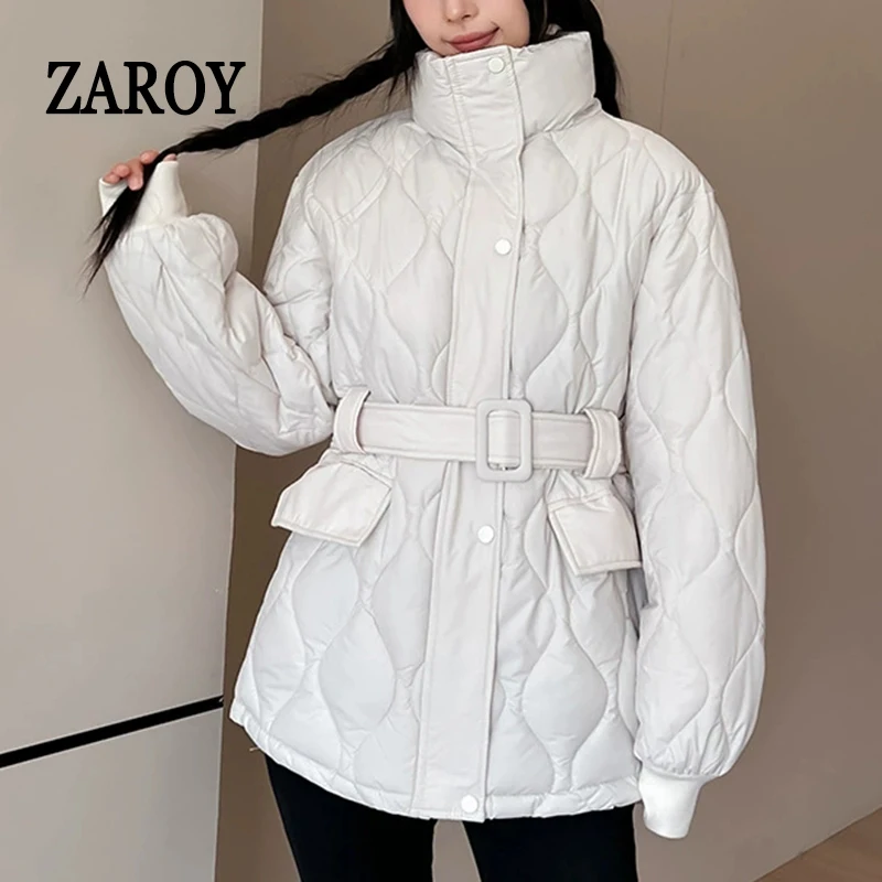 ZAROY Women Jacket With Belt Winter Coat Casual Stand Collar Pocket Thick Warm All-match Sash Parkas Coat куртка женс