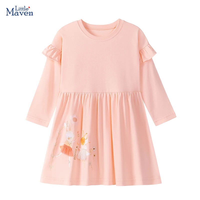 Little Maven Tier-Kaninchen-Applikationen, ein Kostüm für Mädchen, Partykleider, lässiges Kleid für kleine Mädchen, Herbst, Frühling, Kinder, langärmelig