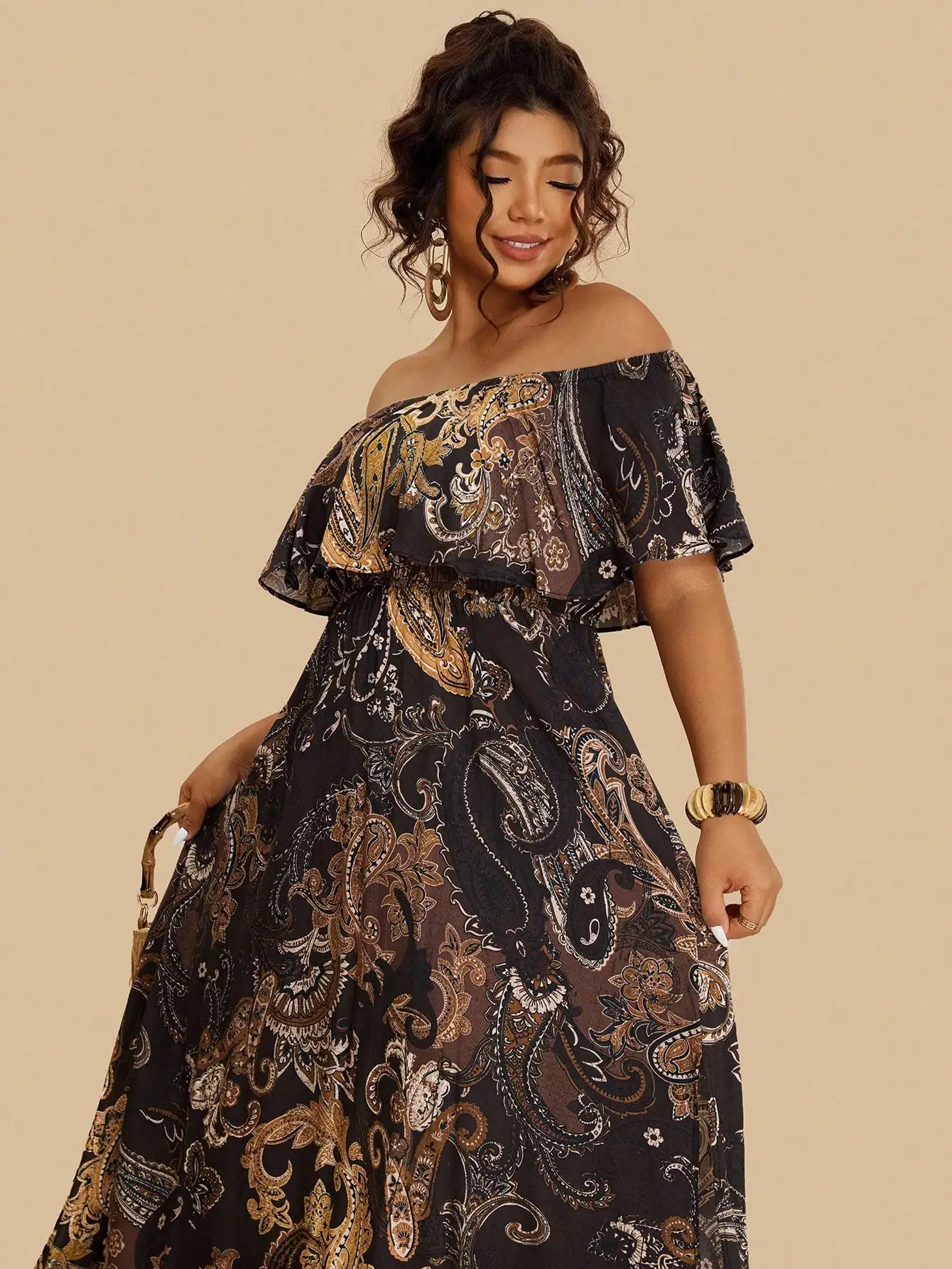 

Plus Size Bohemian Paisley Off Shoulder Ruffle Dress Casual Vacation Maxi Dress