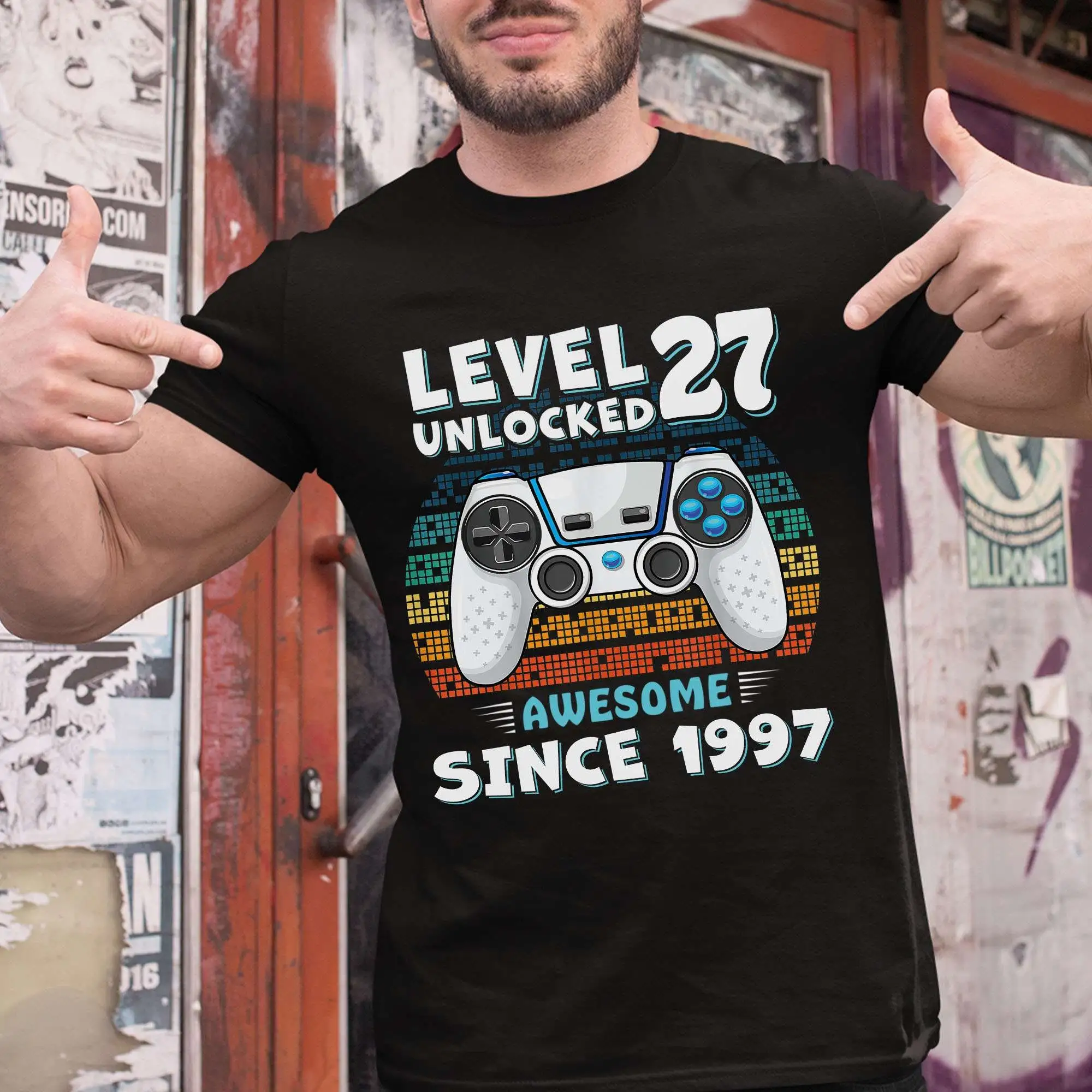 Funny 27th Birthday Man Gamer T Shirt Level 27 Unlocked Awesome Since 1997 Game Gaming Years Old Party