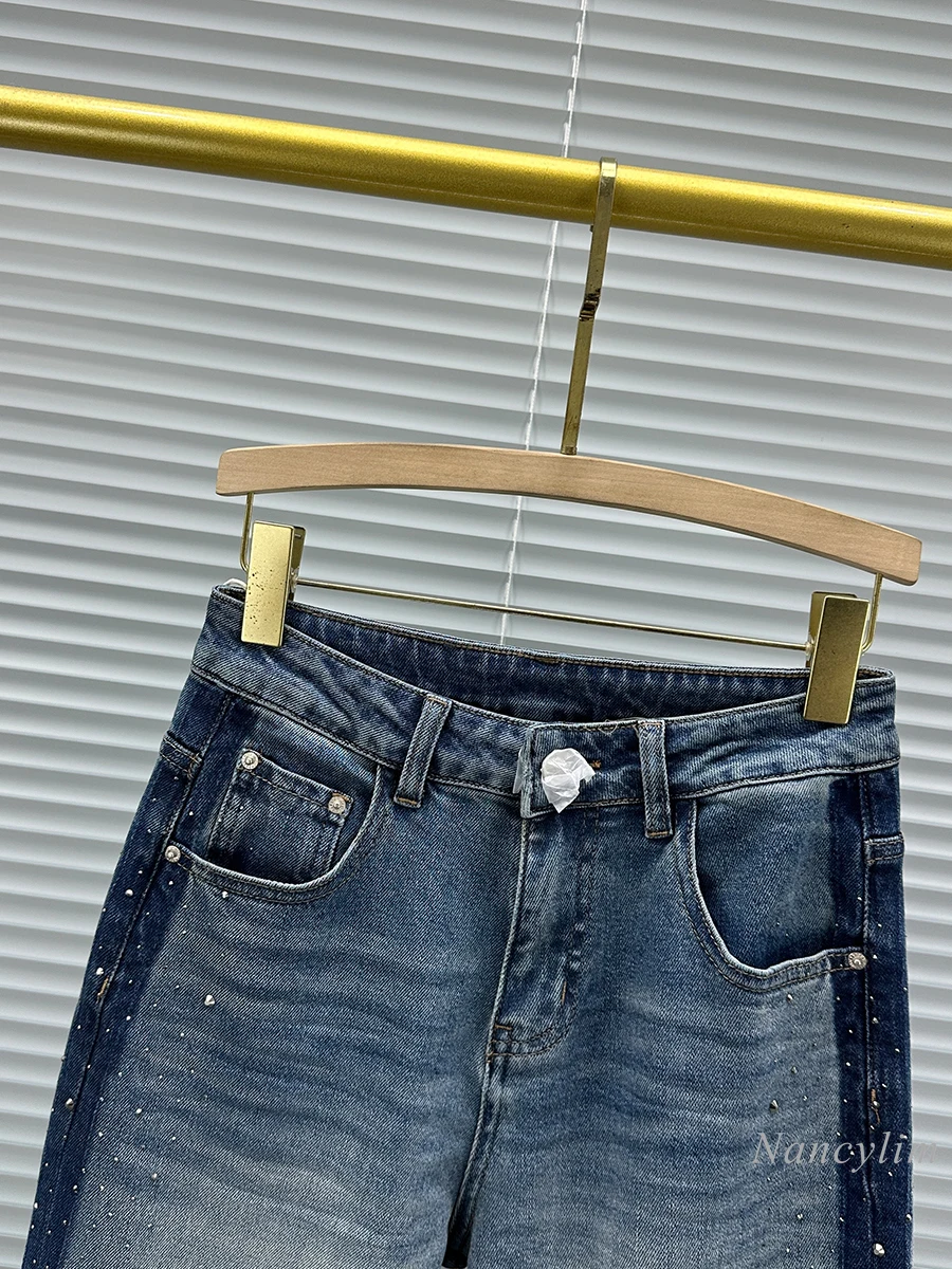 2025 Spring Jeans Women New Contrasting Color Hot Diamond Denim Trousers High Waist Loose Versatile European Wide-leg Pants