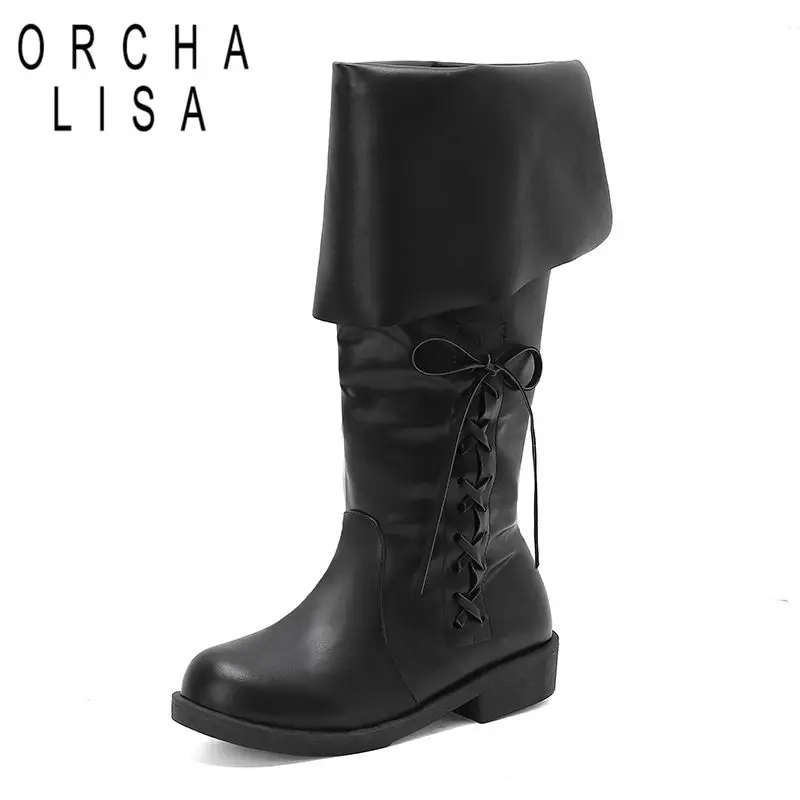 

ORCHA LISA 2025 Женские сапоги до колена с круглым носком 4 см на толстом каблуке без шнуровки Oversize 47 48 Leisure Biker Riding Bota Winter