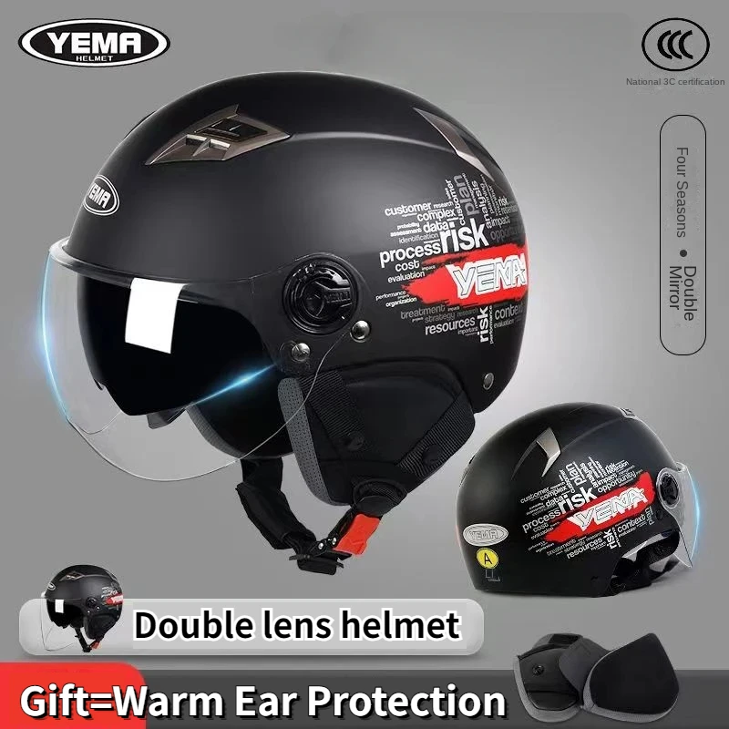 YEMA Motorcycle Half Helmet Electric Bike/motorcycle Dual Lens Sunshade Safety Helmet for Winter Warmth and Ear Protection