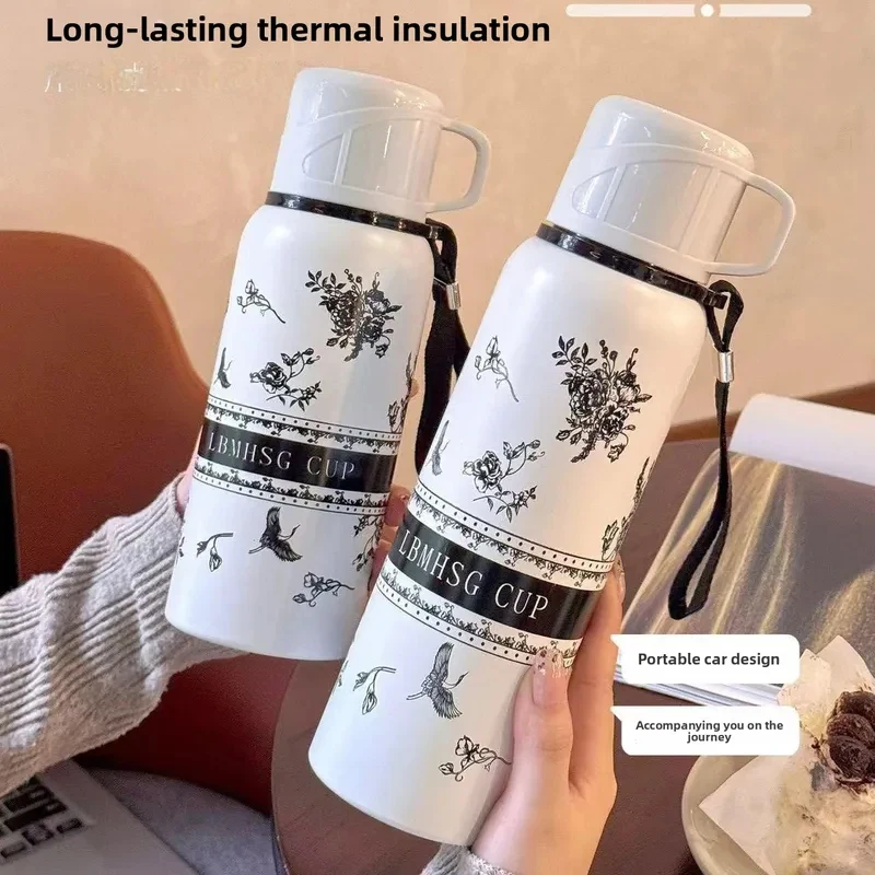 Large Capaci Stainl Steel Insulated Water Bottle Women's High Aesthetic Value Student Thermos Flower Design Beverage Con...