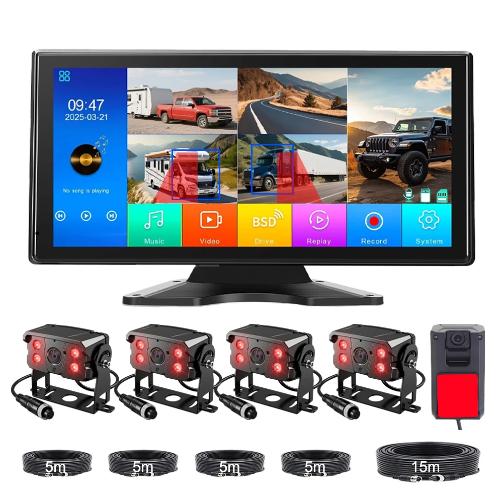 5 Channel Wired Backup Camera System 10.36'' Touchscreen DVR BSD Loop Recording 1080P Waterproof Cams for Truck RV Semi Trailer