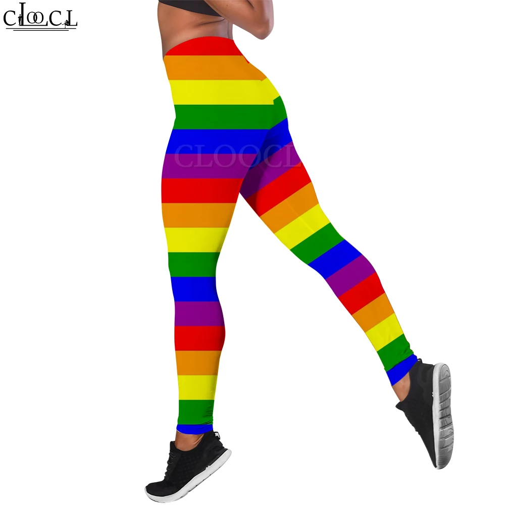 CLOOCL Leggings for Women Rainbow Stripe Print Pants Gym Workout Wear Pantalones De Mujer High Waist Soft Slim Leggings