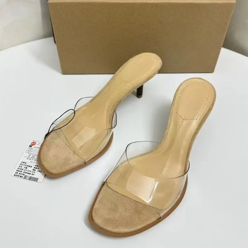 2026 New Women Nude Transparent Mules Round head thin Heel Slip-on Comfortable Office Party Casual Everyday Shoes