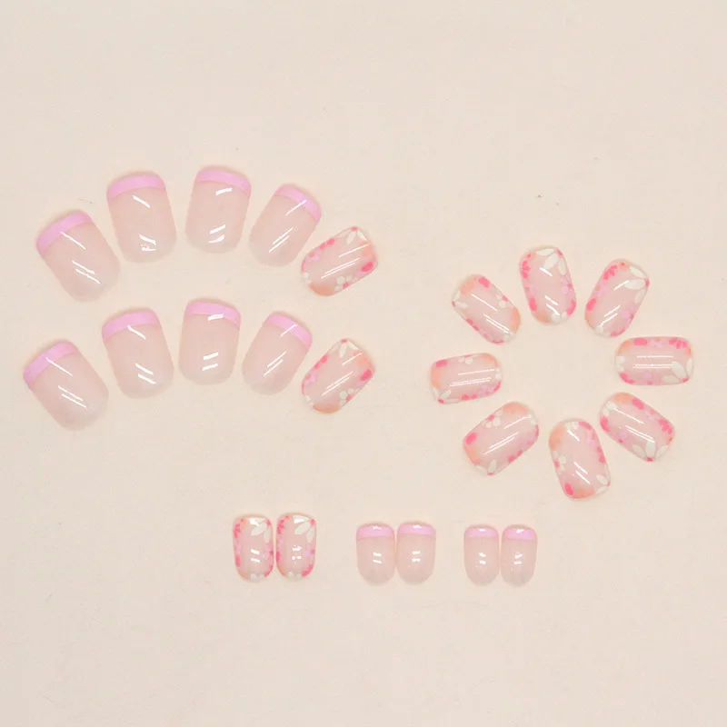 24Pcs Short Fake Stick-on Nails Tips Full Cover Reusable Adhesive Press on Nail with Tools Lovely Flowers Design False Nails Art