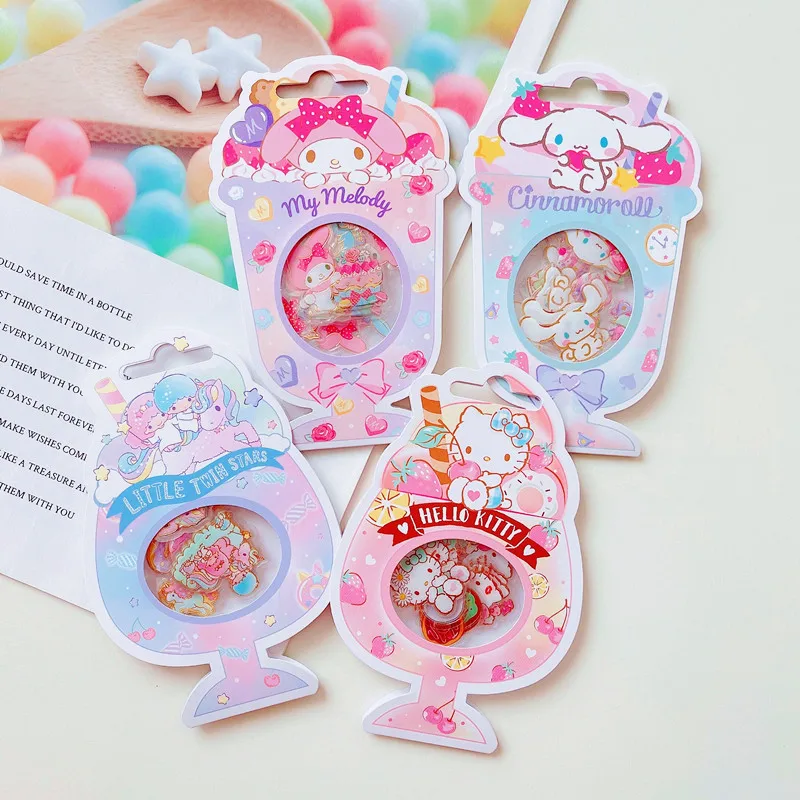 Anime Kawaii Kuromi My Melody Cinnamoroll KT Cute Cartoon Ice Cream Cup Stereo Crystal Sticker Pack DIY Handbook Stickers Gift