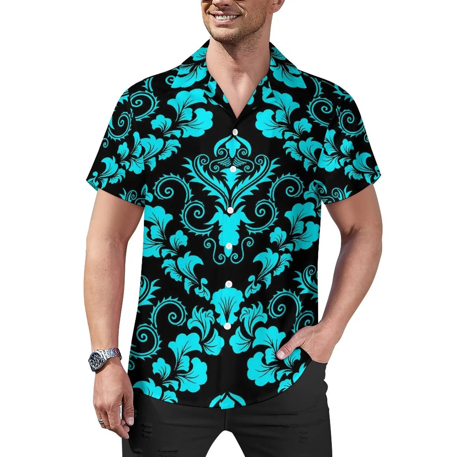 

Black Damask Loose Shirt Mens Beach Vintage Print Casual Shirts Hawaii Graphic Short Sleeve Y2K Oversized Blouses